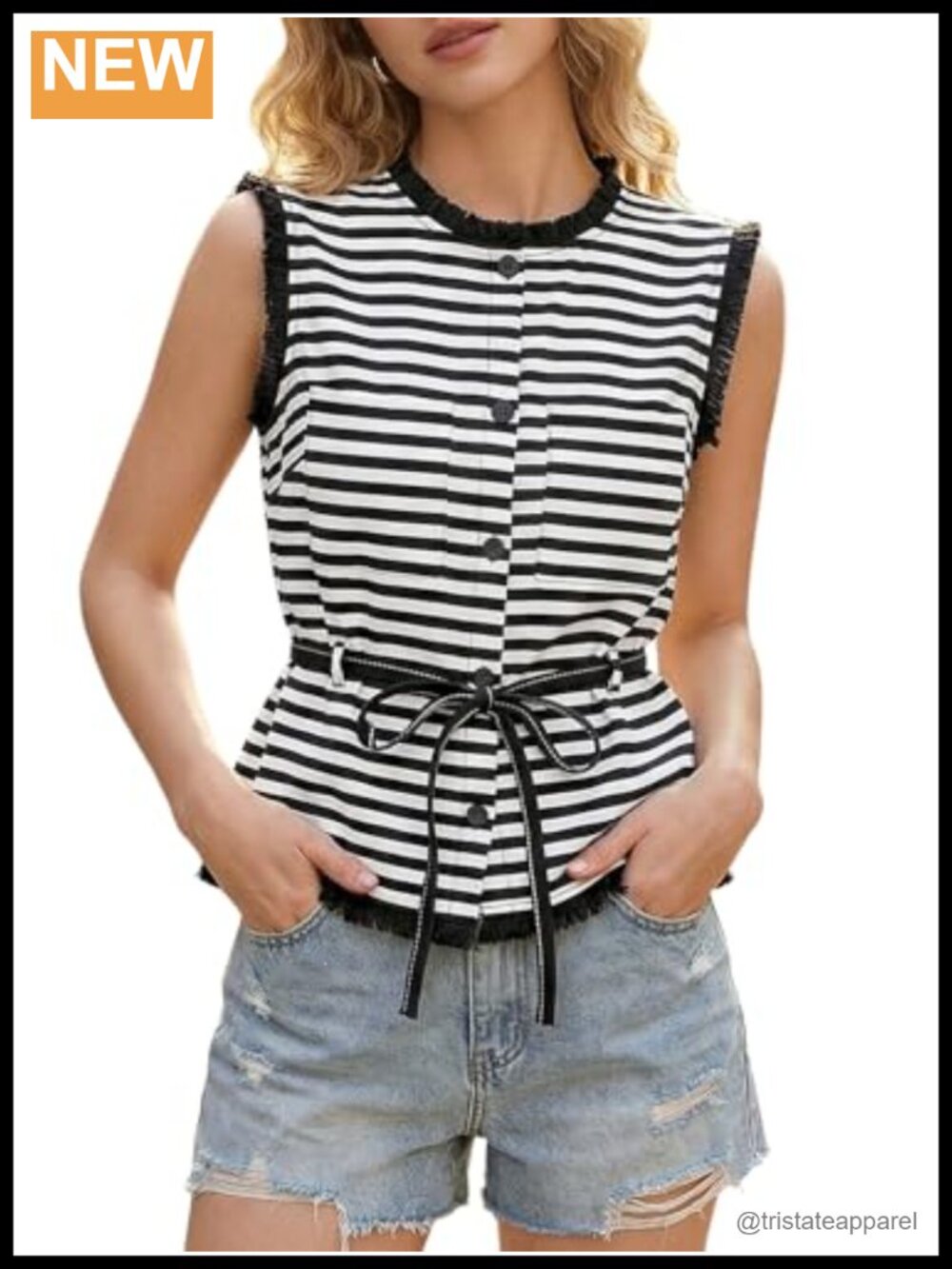 Womens Striped Button Down Belted Sleeveless Blouse Tops Casual Work